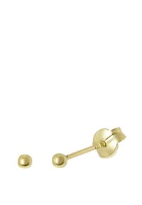 Gouden oorbellen met een ronde stud en een langere post met een afgeronde punt. Gladde textuur met een strakke, minimalistische uitstraling.