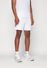 Pantaloni sportivi bianchi con strisce blu e rosse sui lati, abbinati a calzini sportivi bianchi e sneaker grigie.