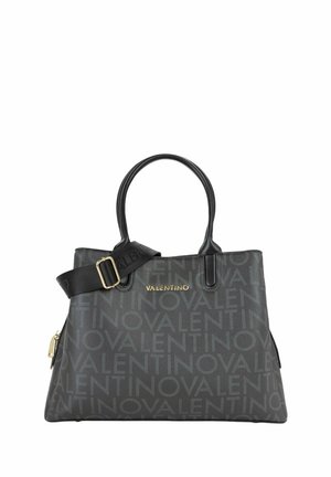 Sac à main noir avec les logos "VALENTINO" et "NOVALENTINO" en gris. Comprend deux poignées, une bandoulière amovible et une poche zippée.