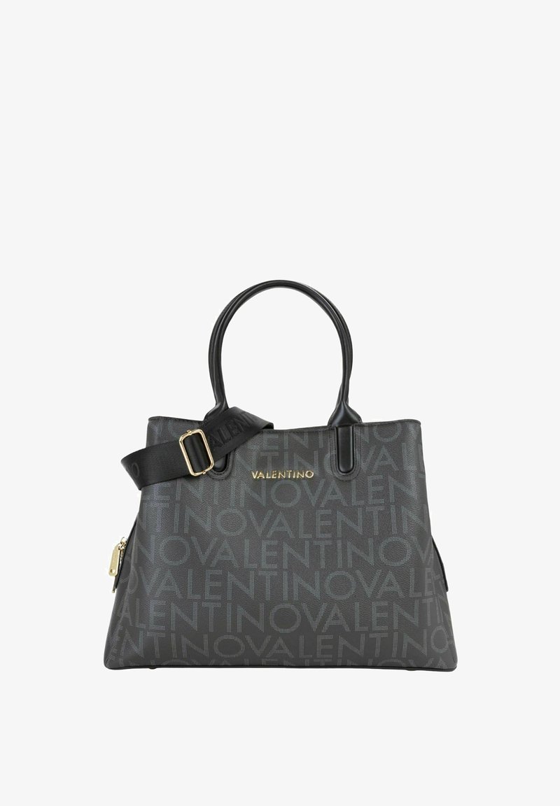 Sac à main noir avec les logos "VALENTINO" et "NOVALENTINO" en gris. Comprend deux poignées, une bandoulière amovible et une poche zippée.
