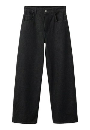 Crne traperice širokih nogavica s prednjim džepovima, petljama za remen, kopčanjem na gumb i patentni zatvarač.