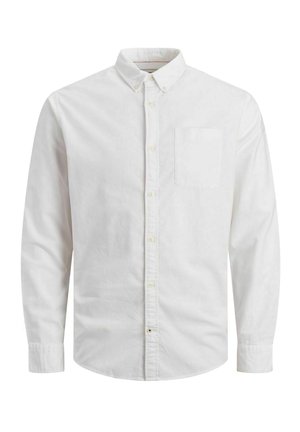 Chemise blanche à manches longues, en tissu coton, col pointu, poche poitrine unique, boutons sur le devant, texture lisse, sans motifs.
