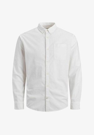 Valge pika varrukaga nööpidega särk, puuvillane kangas, punktkragen, ühe rinnataskuga, ees nööpidega, sile tekstuur, ilma mustriteta.