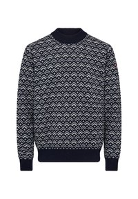 Marineblå strikket sweater med et geometrisk mønster i lys grå. Ribbet halsudskæring og manchetter med en ensfarvet marineblå nederste kant.