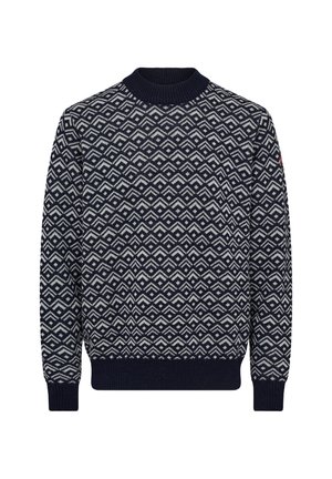 Marineblå strikket sweater med et geometrisk mønster i lys grå. Ribbet halsudskæring og manchetter med en ensfarvet marineblå nederste kant.