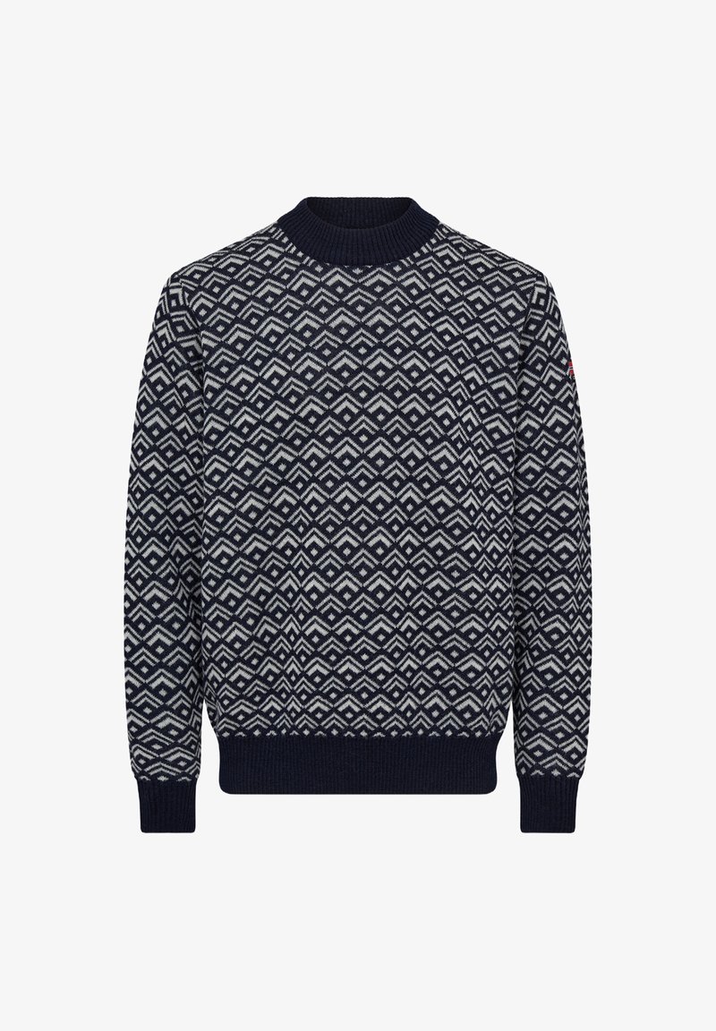 Marineblå strikket sweater med et geometrisk mønster i lys grå. Ribbet halsudskæring og manchetter med en ensfarvet marineblå nederste kant.