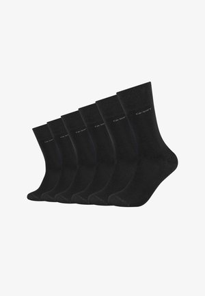 Sorte bomuldsstrømper, seks par, til midt på læggen, glat tekstur, forstærket tå og hæl, subtilt logo på den øverste side.