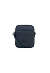 Borsa a tracolla blu navy con superficie texturizzata, forma quadrata, chiusura con zip, tracolla regolabile e un piccolo logo accentato sul fronte.