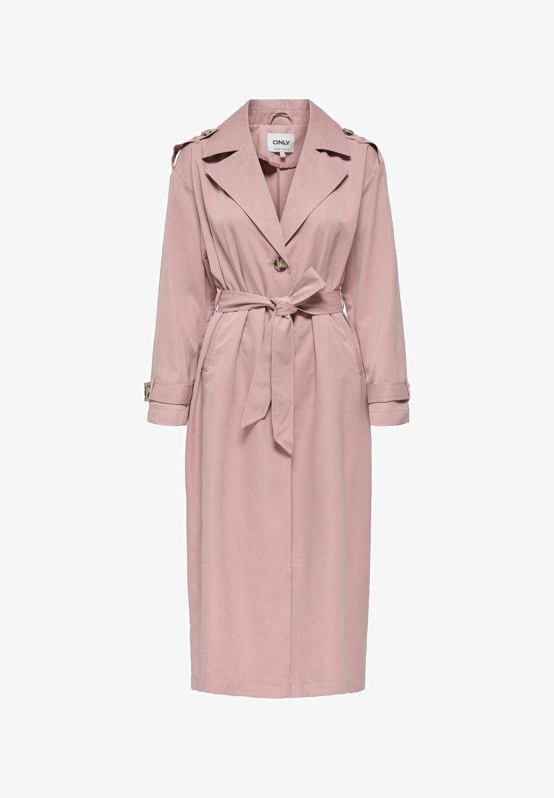 Lyserød trenchcoat med bælte, lange ærmer, reverskrave og knapdetaljer på skuldrene. Glat stof med en struktureret pasform.