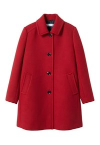 Manteau en laine rouge, longueur genou, avec des boutons noirs, des poches latérales, des manches longues et un large col, présenté sur fond blanc.