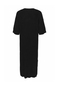 Abito lungo in maglia nera a costine, con maniche corte e scollatura rotonda, realizzato in un tessuto testurizzato che presenta costine verticali in tutta la sua superficie.