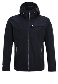 Námořnická voděodolná bunda s kapucí, předním zipem, kapsou na hrudi a bočními zipovými kapsami; hladká textura s minimálním množstvím kovových doplňků.