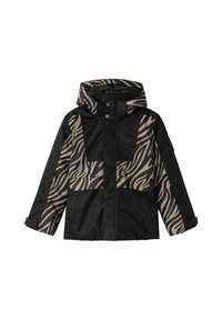 Schwarz-beige Zebra-Muster Jacke mit Kapuze, ausgestattet mit einem Frontreißverschluss und zwei großen Fronttaschen. Der Stoff hat eine glatte Textur.