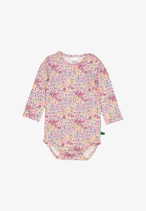 Langärmliger Baby-Body aus leichtem Baumwollstoff mit buntem Blumenmuster auf einem hellrosafarbenen Hintergrund und Druckknöpfen im Schritt.