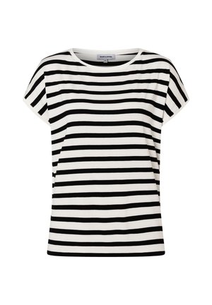 White short-sleeve t-shirt with black horizontal stripes and a round neckline.
