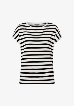 White short-sleeve t-shirt with black horizontal stripes and a round neckline.