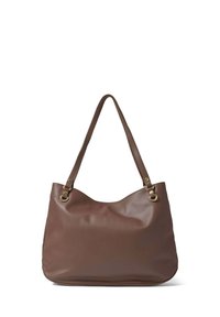 Borsa a spalla in pelle marrone con una silhouette morbida e curva, due robusti manici e dettagli in metallo colore oro. Texture liscia, senz'altre fantasie.