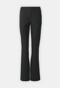 Black flared pants made of smooth fabric; features a flat front with no pockets and a tailored fit, tapering towards the hem.