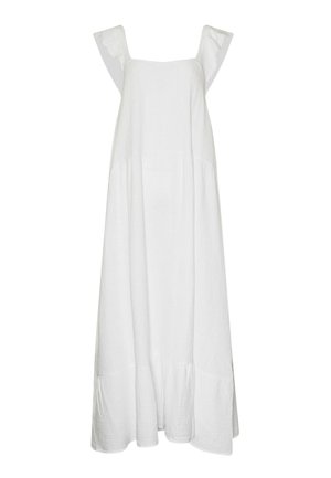 Weißes ärmelloses Maxikleid mit gerafften Trägern, quadratischem Ausschnitt und gestuften, fließenden Stoff.