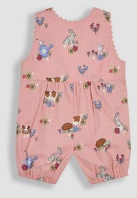 Jumper de algodón rosa con cuello festoneado. Presenta divertidos patrones de animales y flores, cintura fruncida y puños elásticos en las aberturas de las piernas.
