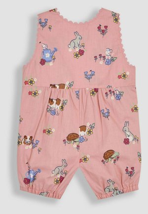 Rosa Baumwoll-Jumpsuit mit Wellenkragen. Verfügt über verspielte Tier- und Blumenmuster, eine geraffte Taille und elastische Bündchen an den Beinöffnungen.