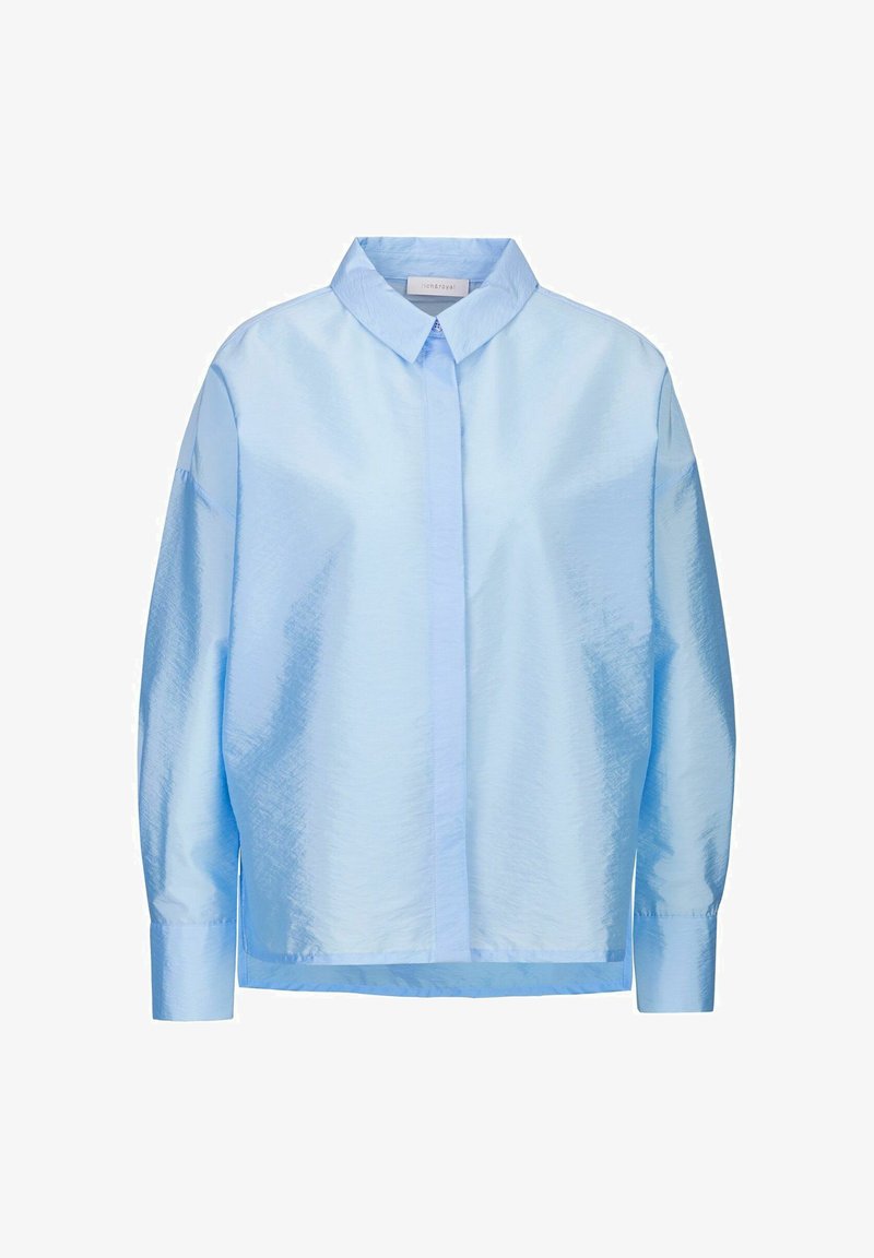 Light blue shirt made of glossy fabric, featuring a collared neckline, long sleeves, and a straight cut with a button-up front.