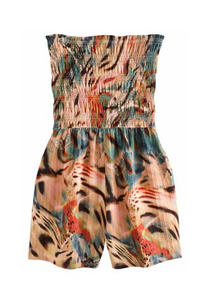 Strapless romper with smocked bodice and loose shorts, featuring an abstract multicolor pattern in shades of orange, green, blue, and black.