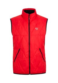 Red padded vest with a high collar, featuring black zippered side pockets and a geometric quilted pattern. Logo on the left chest.
