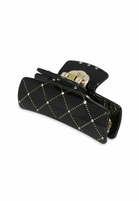 Svart hårklämma i blank plast, med ett diamantmönster kantat i guldkuber och prydnad av små rhinestones. Guldfärgad metalldetalj.