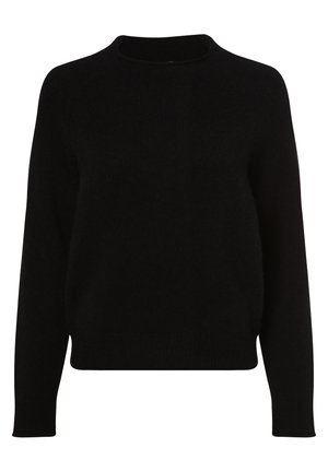 Pull noir à manches longues avec col rond, taille cintrée et texture tricotée lisse et unie.
