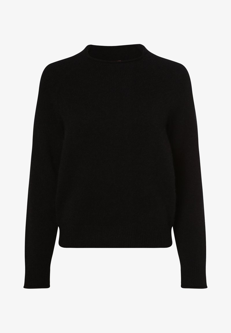 Pull noir à manches longues avec col rond, taille cintrée et texture tricotée lisse et unie.