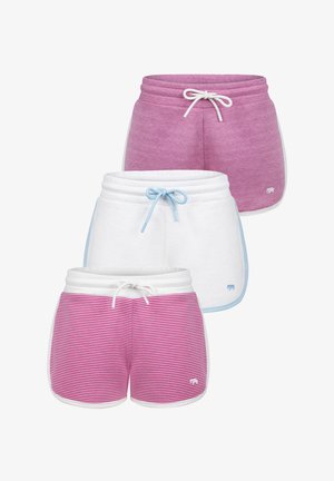 Tre par shorts: en ensfarvet pink, en ensfarvet hvid med blå accenter, og en pink stribet. Alle har elastisk talje og snore.