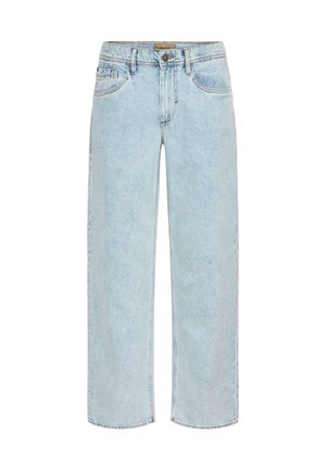 Hele sinised, lahtise lõikega teksapüksid, sirgete sääreosadega, viie taskuga ja nupanööpiga sulgur. Pehme tekstuur ja minimaalne pleekimine.