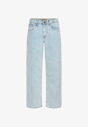 Lichtblauwe, losse denim jeans met een rechte pijp, vijf zakken en een knoopsluiting. Zachte textuur met minimale vervaging.