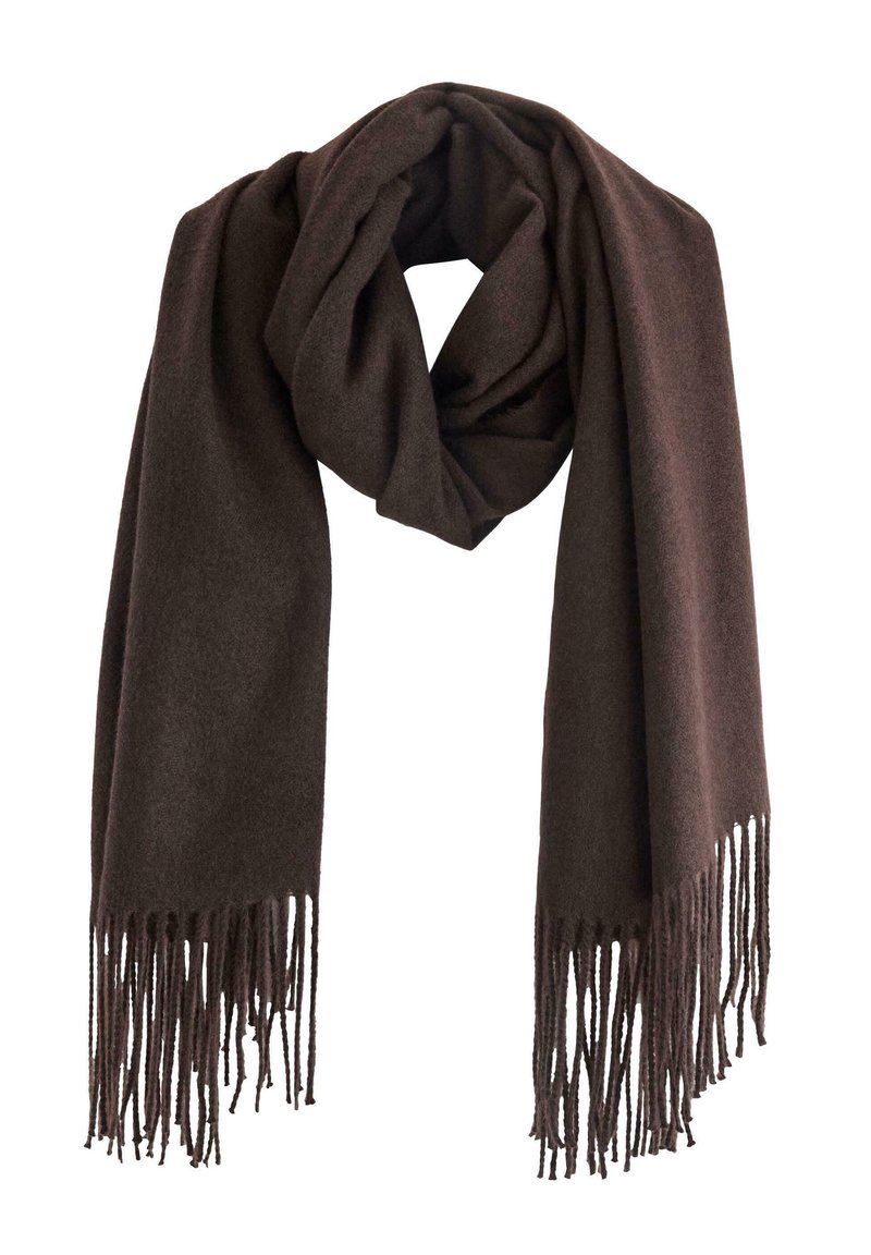 Brun uldet tørklæde med en blød tekstur, der har lange frynser i begge ender og en draperet design. Stoffet virker varmt og hyggeligt.
