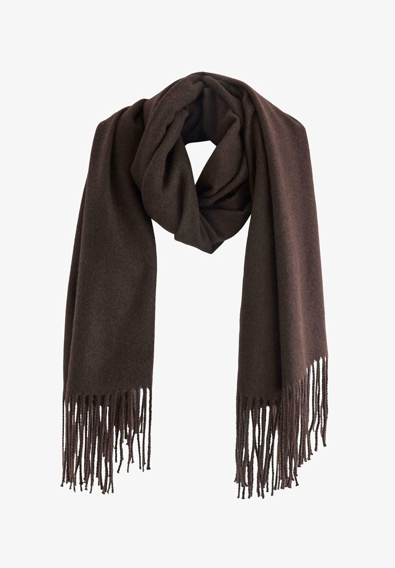 Brown wool scarf with a soft texture, featuring long fringes at both ends and a draped design. Fabric appears warm and cozy.