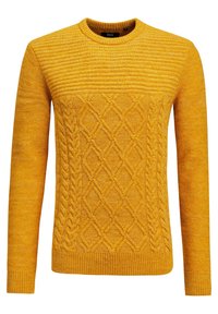 Gul stickad tröja med rund halsringning, med texturerade kabelmönster och ribbade muddar och fåll. Mjukt material med ett varmt utseende.