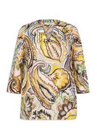 Tunika colorata e stampata con scollatura a V, maniche lunghe e vestibilità morbida. Realizzata in tessuto leggero con design floreali e paisley in giallo, verde e marrone.