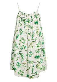 Kesämekko ohuilla olkaimilla, jossa on kukkakuosi vihreinä sävyinä vaaleankreemillä taustalla. Valmistettu kevyestä kankaasta; löysä, virtaava muoto.