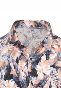 Korte mouw shirt van een lichtgewicht stof met een kleurrijk bladerenpatroon in blauw, oranje en crème, met een button-down kraag.