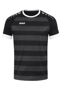 Maglia sportiva a righe nere e grigie con maniche corte, dettagli bianchi nel colletto e nei polsini, e logo "JAKO" sul davanti.