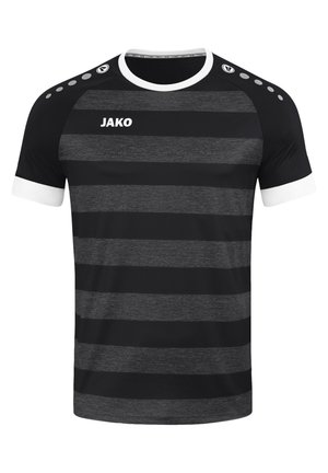 Zwart en grijs gestreept sportshirt met korte mouwen, witte accenten op de kraag en manchetten, en het "JAKO"-logo op de voorkant.