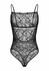 Czarny koronkowy body z regulowanymi cienkimi ramiączkami, ozdobione kwiatowym wzorem i przezroczystą fakturą. Wycięcia podkreślają dopasowany krój.