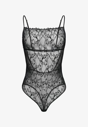 Czarny koronkowy body z regulowanymi cienkimi ramiączkami, ozdobione kwiatowym wzorem i przezroczystą fakturą. Wycięcia podkreślają dopasowany krój.