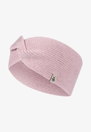 Light pink knitted headband with a twisted design at the front and a small logo tag. Made of soft, flexible material.
