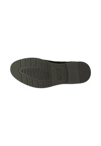 Czarna gumowa podeszwa do butów z teksturowaną powierzchnią, z rowkami i logo, zaprojektowana z myślą o przyczepności i trwałości.