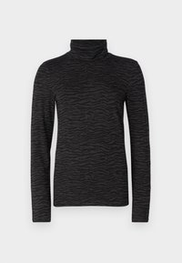 Must mustre varrukatega must turtleneck, millel on tekstuuriline tiigri triipude muster, kõrge kaelus ja sujuv materjal.