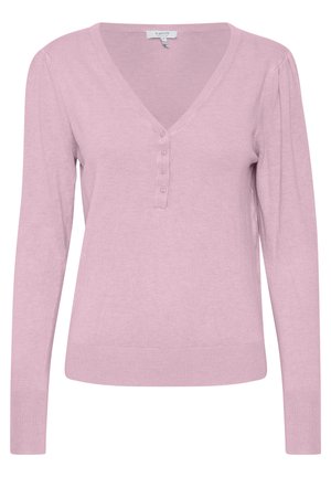 Heller rosa, langärmeliger Pullover mit V-Ausschnitt, Knopfleiste und gerippten Bündchen und Saum; hergestellt aus einem weichen, gestrickten Material.