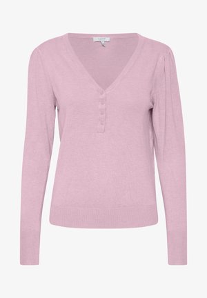 Heller rosa, langärmeliger Pullover mit V-Ausschnitt, Knopfleiste und gerippten Bündchen und Saum; hergestellt aus einem weichen, gestrickten Material.