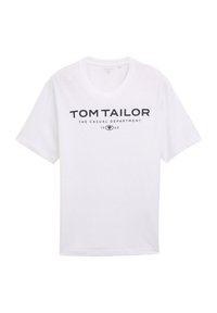 Camiseta de algodón blanca con mangas cortas, un escote redondo y texto impreso "TOM TAILOR THE CASUAL DEPARTMENT 1962" en negro.